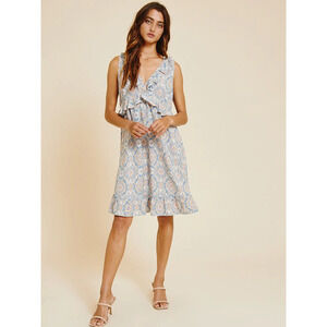 Icy Blue Sleeveless Ruffle Waist Floral Dress